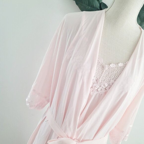 Shadowline Vintage Nylon Peignoir Pink Long Lace Sleevless Night Gown Robe Set S - Picture 3 of 16